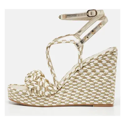 Valentino Light Gold/White Leather and Rope Torchon Rockstud Wedge Sandals Size