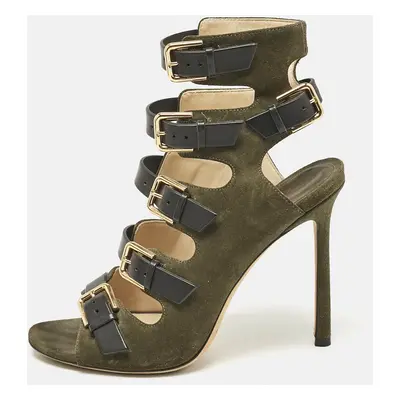 Jimmy Choo Green/Black Suede and Leather Buckle Strappy Sandals Size 36.5