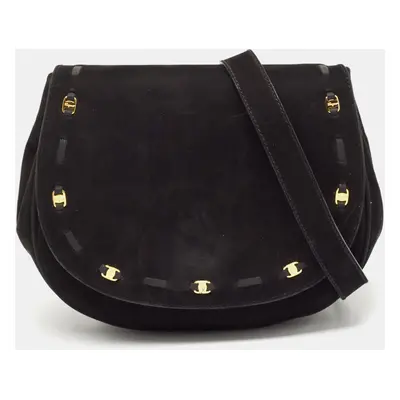 Salvatore Ferragamo Black Suede Logo Flap Crossbody Bag