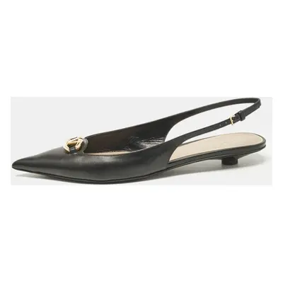 Valentino Black Leather V Logo Pointed Toe Slingback Flat Sandals Size