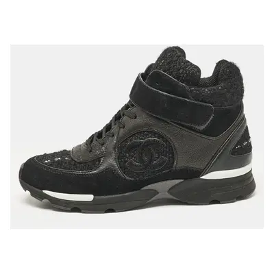 Chanel Black Tweed, Suede and Leather CC High Top Sneakers Size