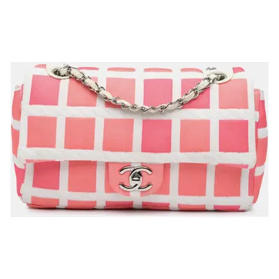 Chanel Pink White Medium Jersey Grid Single Flap