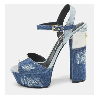 Dolce & Gabbana Blue Denim Keira Platform Ankle Wrap Sandals Size 39.5