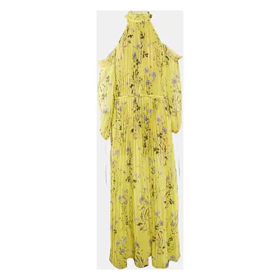 Self-Portrait Yellow Floral Print Chiffon Plisse Cold-Shoulder Maxi Dress