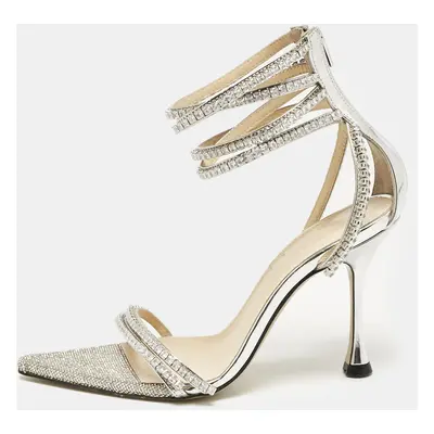 Mach & Mach Silver Leather Crystal Embellished Ankle Strap Sandals Size