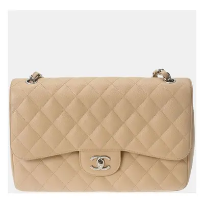 Chanel Beige Caviar Skin Matelasse Chain Shoulder Double Flap Bag