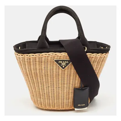 Prada Black/Natural Wicker and Canvas Panier Bag