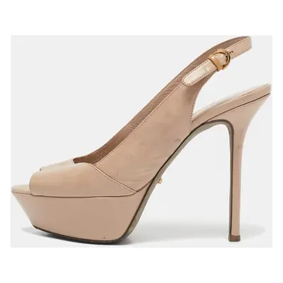 Sergio Rossi Beige Patent Leather Peep Toe Platform Slingback Pumps Size 36.5