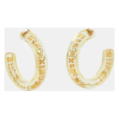 Louis Vuitton Clear Resin Monogram Crystals Inclusion Gold Tone Hoop Earrings