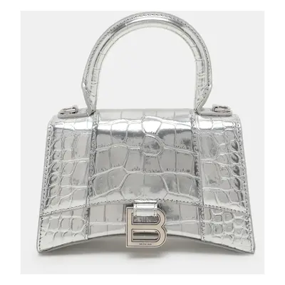 Balenciaga Silver Croc Embossed Leather Hourglass Top Handle Bag