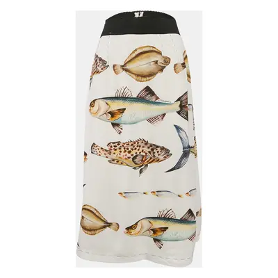 Dolce & Gabbana Off White Fish Print Crepe Midi Skirt