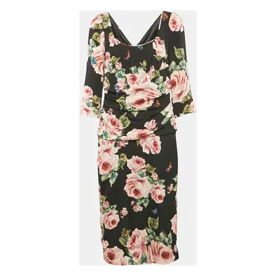 Dolce & Gabbana Black Floral Print Silk Drape Detail Dress