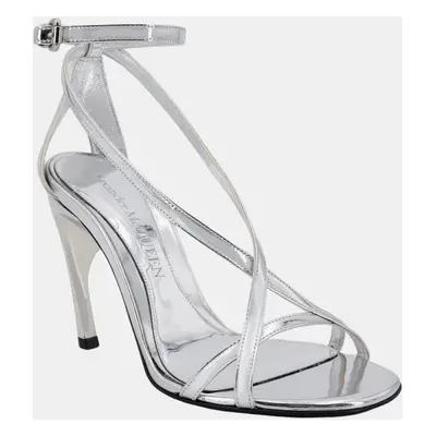 Alexander McQueen Metallic Silver Leather Sandals Heel Sandals EU