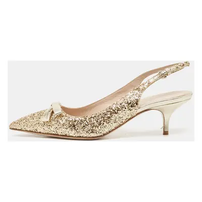 Miu Miu Gold Glitters and Leather Bow Slingback Pumps Size 37.5