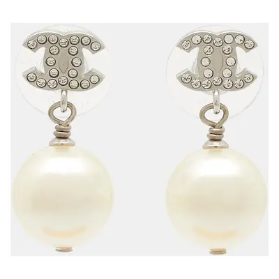 Chanel CC Crystal Embellished Faux Pearl Silver Tone Drop Earrings