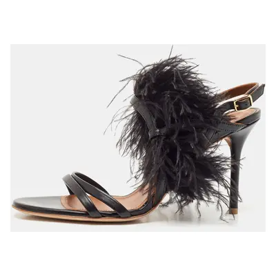 Malone Souliers Black Leather Sonia Feather Slide Sandals Size