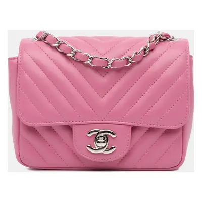 Chanel Pink Mini Square Classic Chevron Lambskin Single Flap