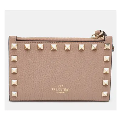 Valentino Beige Leather Rockstud Zip Card Holder