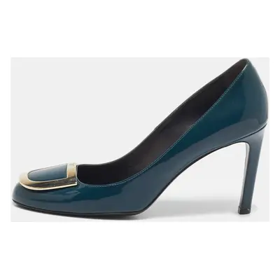 Roger Vivier Teal Blue Patent Leather Buckle Round Toe Pumps Size 38.5