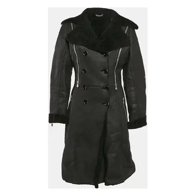 Dolce & Gabbana Black Leather and Fur Zip Detail Double Breasted Coat