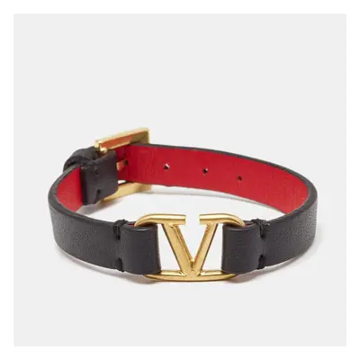 Valentino Vlogo Black Leather Gold Tone Bracelet