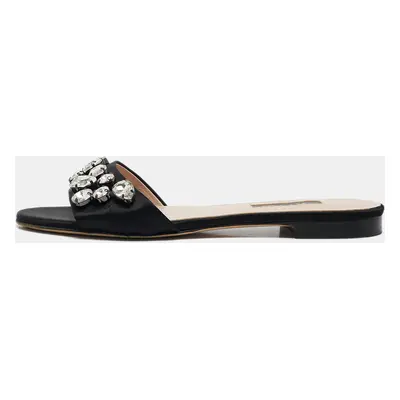 SJP Sarah Jessica Parker Black Satin Crystal Embellished Flat Slides Size