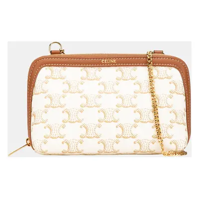 Celine Brown White Coated Canvas Triomphe Clutch On Chain