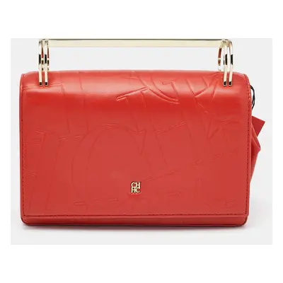 Carolina Herrera Red Logo Embossed Leather Insignia Top Handle Bag