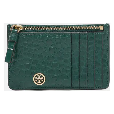 Tory Burch Green Croc Embossed Leather Robinson Zip Card Case