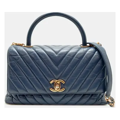 Chanel Calf Leather Blue V-stitch Coco Handle Chain Shoulder Bag