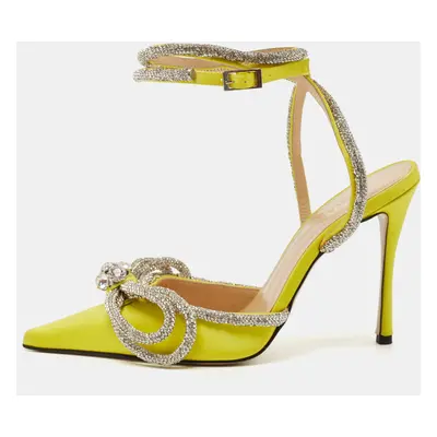 Mach & Mach Yellow Satin Double Bow Crystals Ankle Strap Pumps Size