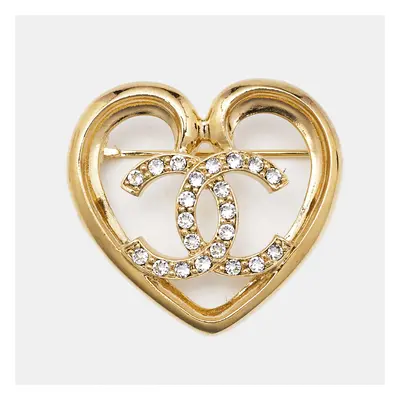 Chanel CC Heart Crystal Gold Tone Brooch