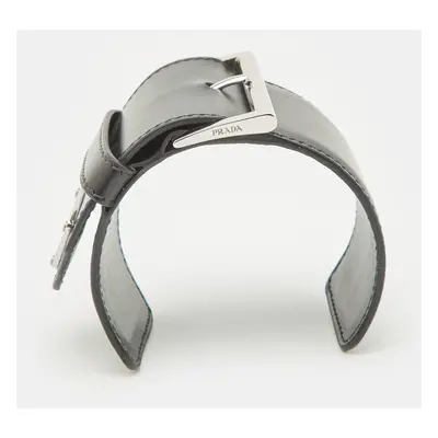 Prada Triangle Black Leather Silver Tone Wide Open Cuff Bracelet