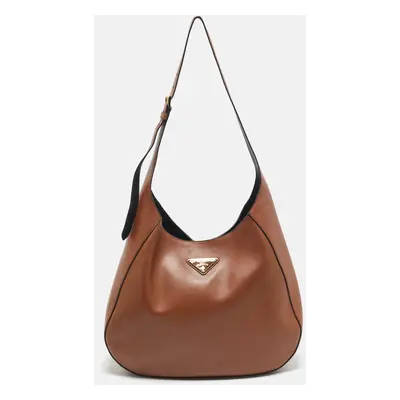 Prada Brown Leather Triangle Logo Hobo