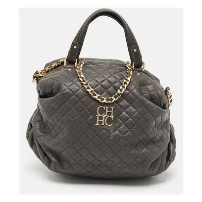 CH Carolina Herrera Dark Grey Quilted Leather Pleated Chain Hobo