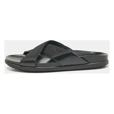 Prada Black Canvas and Leather Crisscross Flat Slides Size