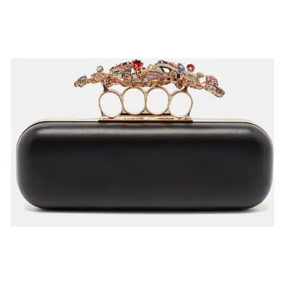 Alexander McQueen Black Leather Crystals Embellished Knuckle Box Clutch