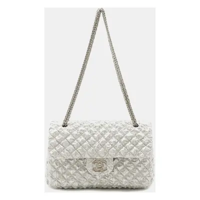 Chanel Silver Canvas Double Flap Chain Shoulder Bag