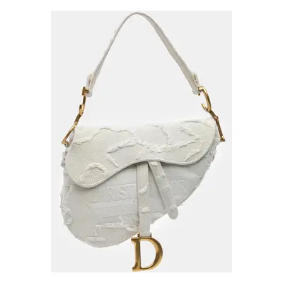 Dior White Embroidered Canvas Camouflage Saddle Bag