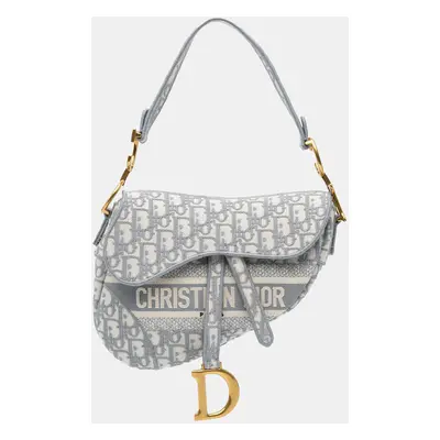 Dior Grey Oblique Embroidered Canvas Saddle Bag