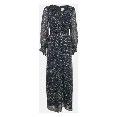 Carolina Herrera Navy Blue Printed Lurex Silk Maxi Dress