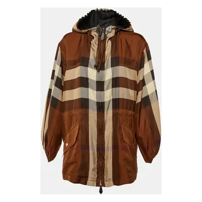 Burberry Brown Check Print Silk Zip Up Hooded Jacket