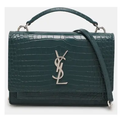 Saint Laurent Paris Green Croc Embossed Leather Sunset Crossbody Bag