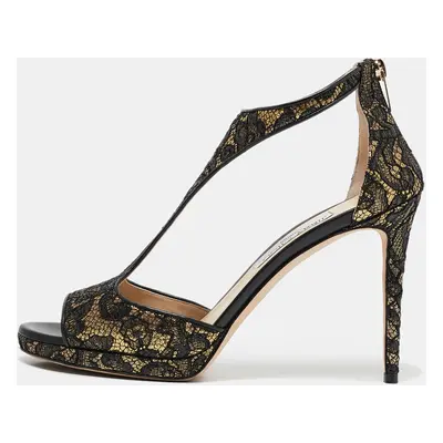 Jimmy Choo Black/Gold Lace and Lurex Fabric Lana Sandals Size