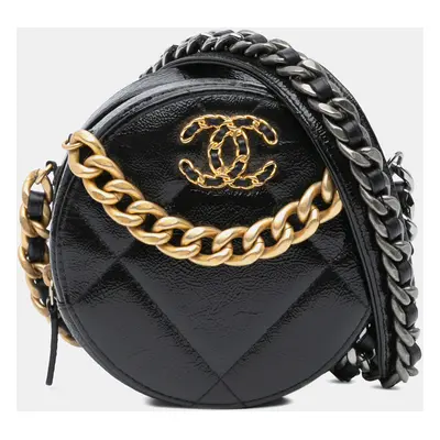 Chanel Black Shiny Crumpled Calfskin Round Clutch with Chain