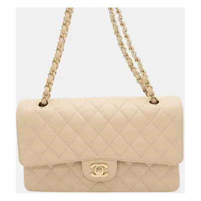 Chanel Matelasse Double Flap Chain Shoulder Bag Beige Caviar Leather Size