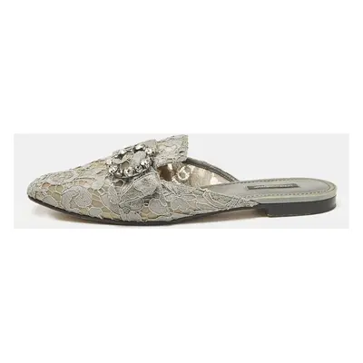 Dolce & Gabbana Grey Lace and Mesh Crystal Embellished Mules Size