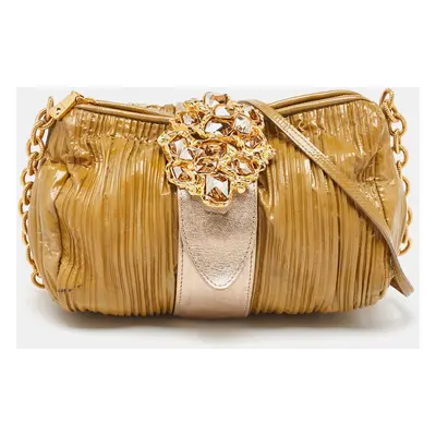 Miu Miu Beige/Metallic Pleated Patent Leather Shoulder Bag