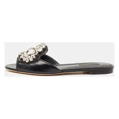 Dolce & Gabbana Black Snakeskin Bianca Crystals Slide Flats Size 37.5