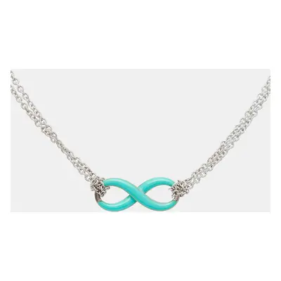 Tiffany & Co Blue Enamel Infinity Pendant Sterling Silver Double Chain Necklace